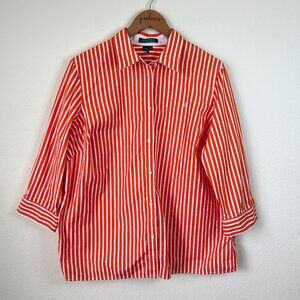 Ralph Lauren Top Womens 1X Plus Orange White Striped Career Button Up Blouse